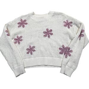Sugar Moon Women’s L White Knit Sweater Cropped Floral Crewneck Lightweight Boho
